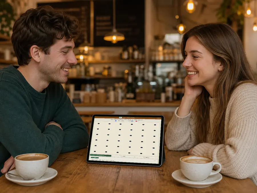Two players sharing one device for a face-to-face Dots and Boxes game